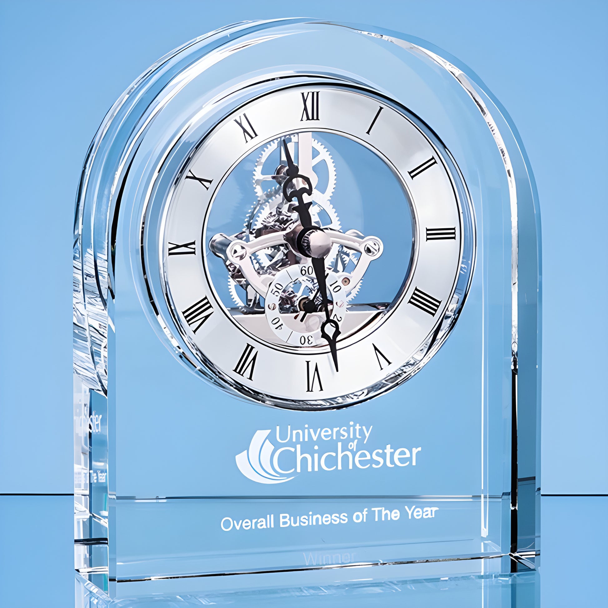 Optical crystal arched clock awarded for business achievement, University of Chichester.
