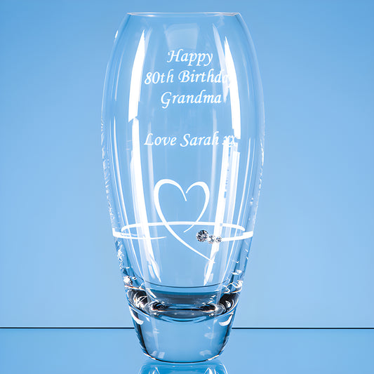 Engraved crystal vase with heart design, personalized for grandma's 80th birthday.
