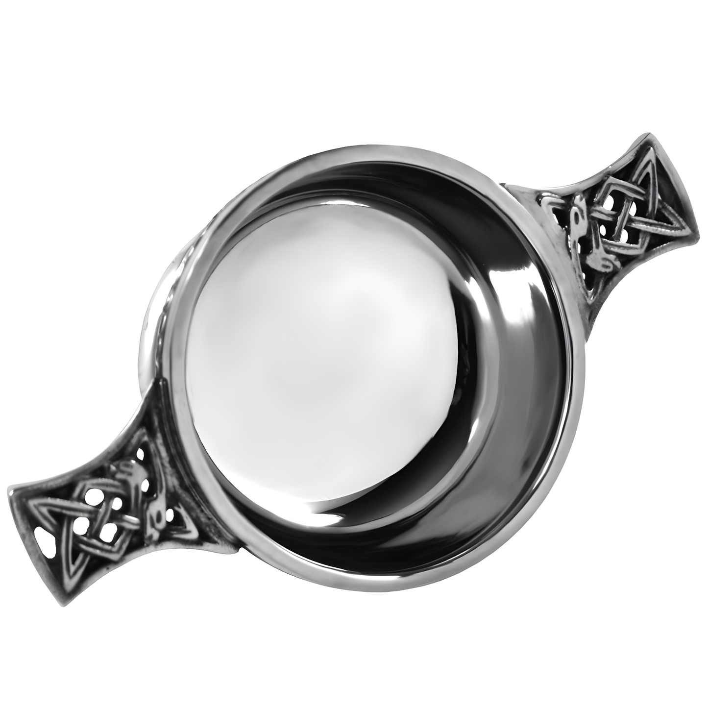 Pewter quaich bowl with Celtic knot handles, traditional Scottish design.