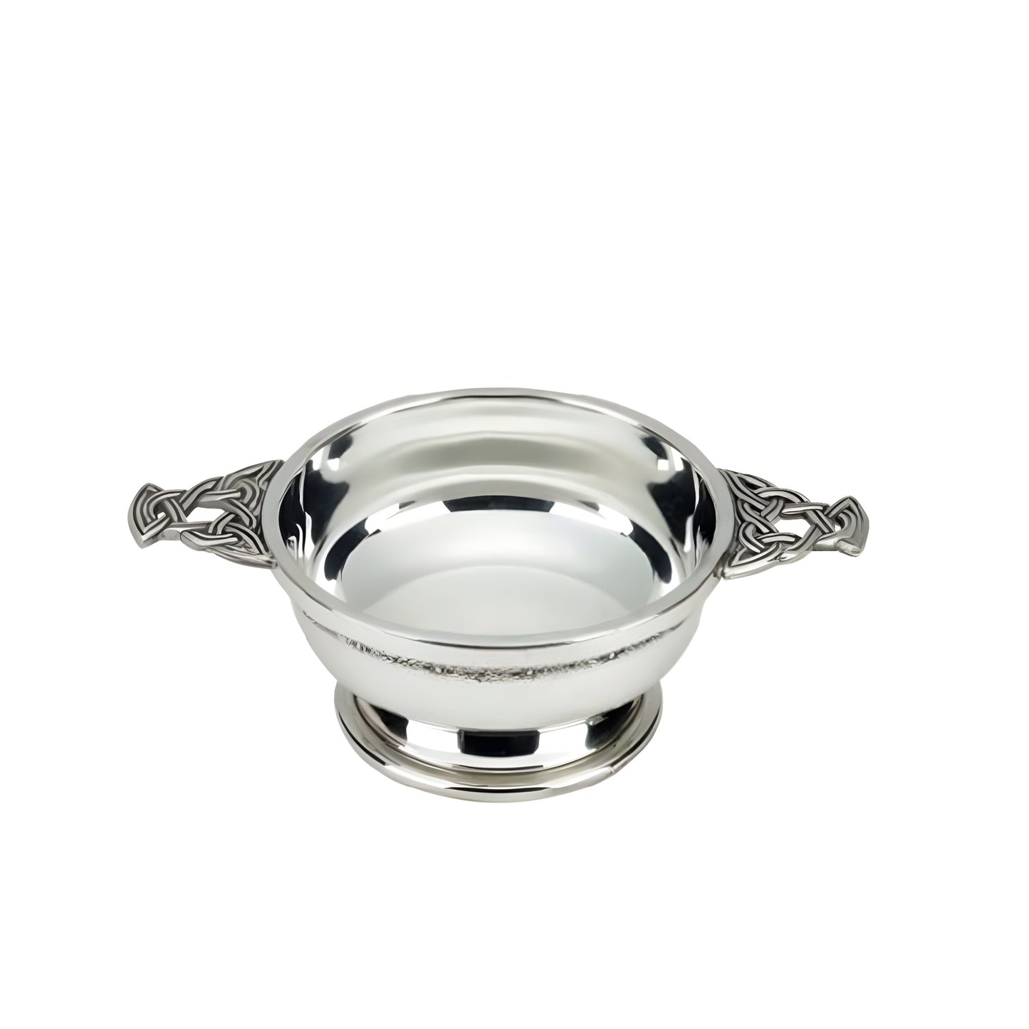 2.5 inch nickel plated quaich with Celtic design and double handles.