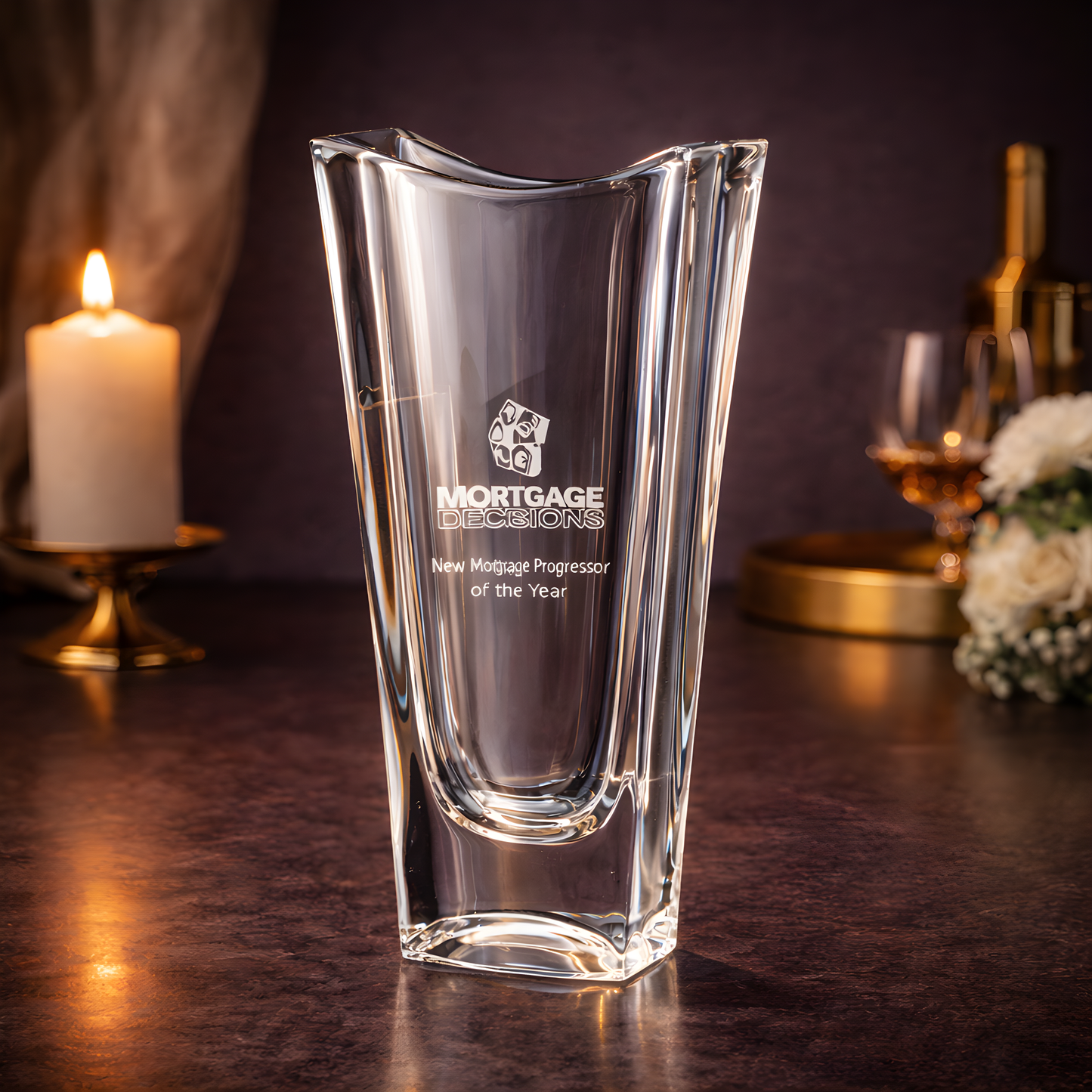 Elegant crystal vase award with engraved custom trophy design