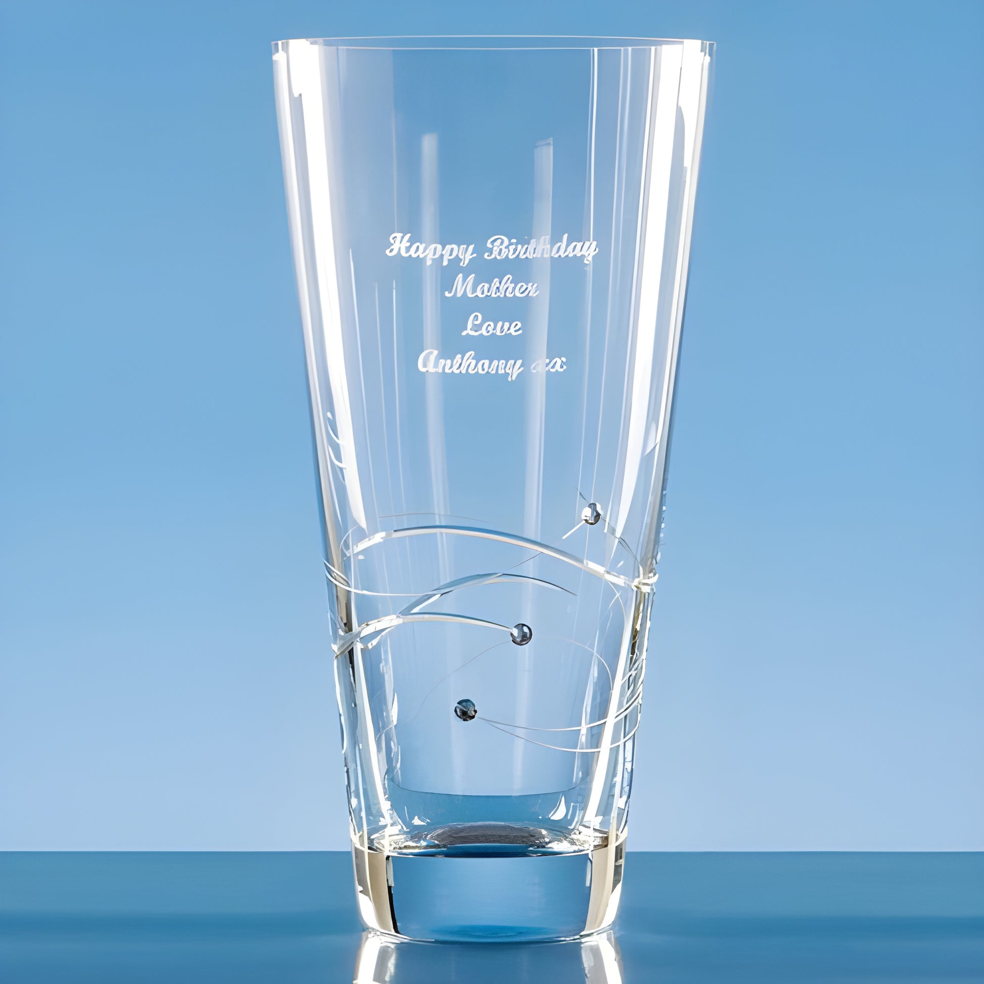 25cm diamante conical vase with spiral design and happy birthday mother engraving.