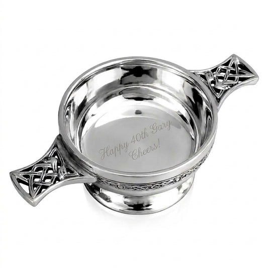 Example engraving (birthday): "Happy 40th Gary / Cheers!" inside the 3.5" Pewter Quaich Bowl