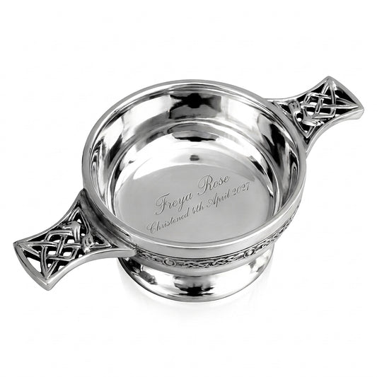 Example engraving (christening): "Freya Rose / Christened 4th April 2027" inside the 3.5" Pewter Quaich Bowl