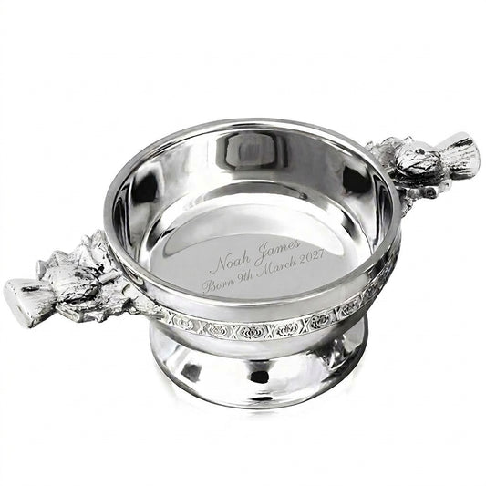 Example engraving (christening): "Noah James / Born 9th March 2027" inside the 3.5" Scottish Thistle Quaich Bowl