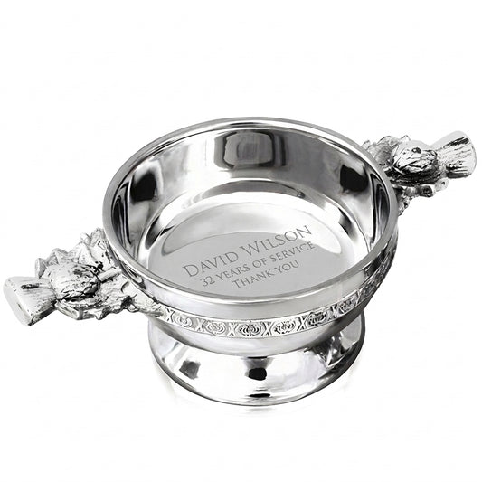 Example engraving (thank you): "David Wilson / 32 Years of Service / Thank You" inside the 3.5" Scottish Thistle Quaich Bowl