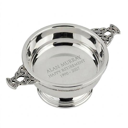 Example engraving (thank you): "ALAN MURRAY / HAPPY RETIREMENT / 1990 - 2027" inside the 3" Nickel Plated Quaich