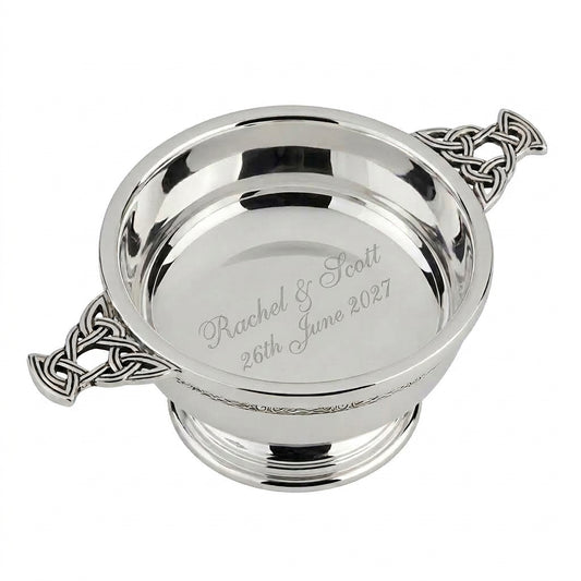 Example engraving (wedding): "Rachel & Scott / 26th June 2027" inside the 3" Nickel Plated Quaich