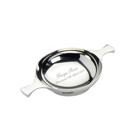 Example engraving (christening): "Freya Rose / Christened 4th April 2027" inside the 3" Quaich, Plain With No Wire