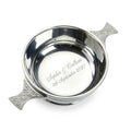 Example engraving (wedding): "Sophie & Callum / 4th September 2027" inside the 3" Traditional Pewter Celtic Design Quaich Bowl