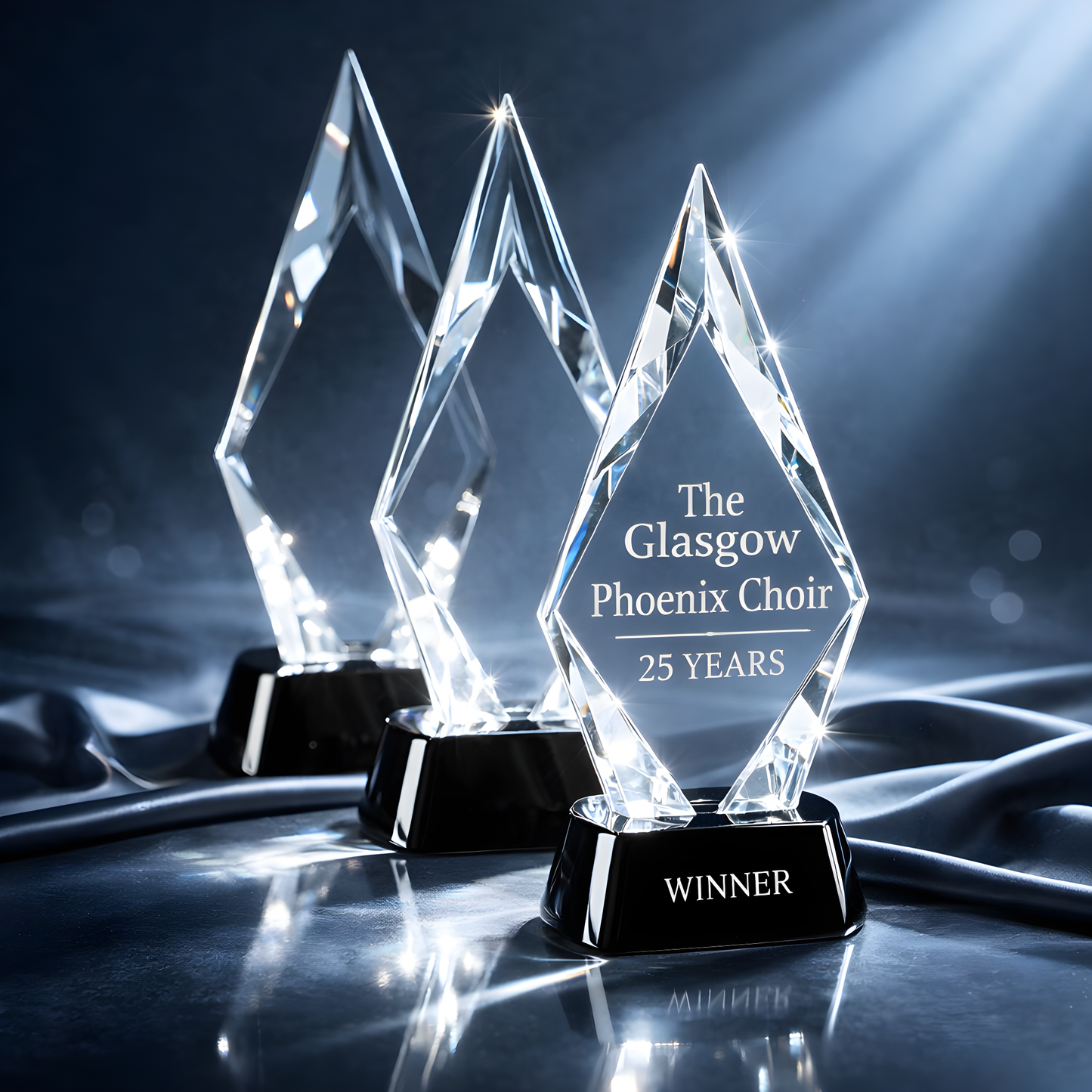 Facet mounted crystal awards for Glasgow Phoenix Choir 25th anniversary winner.