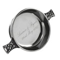 Example engraving (wedding): "Lauren & Ryan / 22nd May 2027" inside the 4.5" Celtic Knot Handle Pewter Quaich Bowl