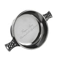 Example engraving (christening): "Freya Rose / Christened 4th April 2027" inside the 4" Celtic Knot Handle Pewter Quaich Bowl