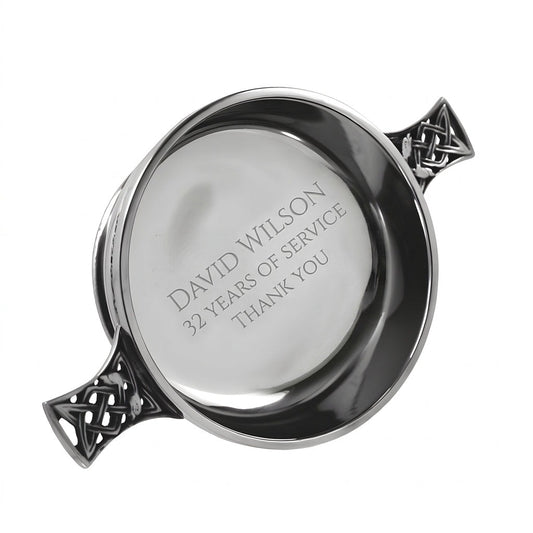 Example engraving (thank you): "David Wilson / 32 Years of Service / Thank You" inside the 4" Celtic Knot Handle Pewter Quaich Bowl