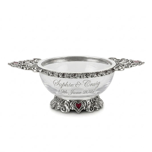 Example engraving (wedding): "Sophie & Craig / 19th June 2027" on the 4" Glass & Pewter Wedding Quaich Bowl