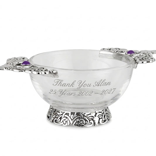 Example engraving (thank you): "Thank You Alan / 25 Years 2002 – 2027" on the 4" Glass Stag Quaich Bowl