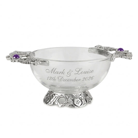 Example engraving (wedding): "Mark & Louise / 12th December 2026" on the 4" Glass Thistle Quaich Bowl