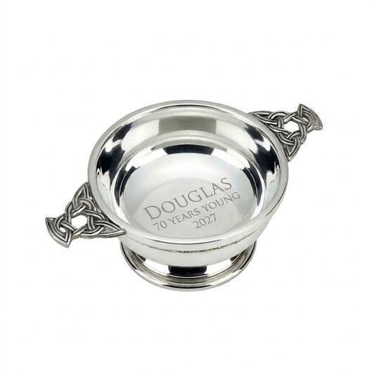 Example engraving (birthday): "DOUGLAS / 70 YEARS YOUNG / 2027" inside the 4" Nickel Plated Quaich Bowl