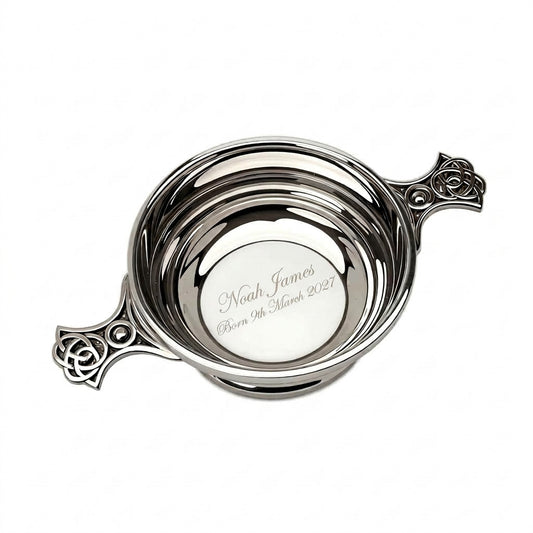 Example engraving (christening): "Noah James / Born 9th March 2027" inside the 4" Quaich Bowl Ribbed
