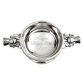 Example engraving (birthday): "Douglas / Happy 70th / 2027" inside the 4" Thistle Handle Pewter Quaich Bowl