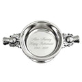Example engraving (thank you): "Alan Murray / Happy Retirement / 1990 - 2027" inside the 4" Thistle Handle Pewter Quaich Bowl