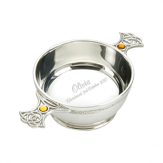 Example engraving (christening): "Olivia / Christened 3rd October 2027" inside the 4" Topaz Quaich Pewter