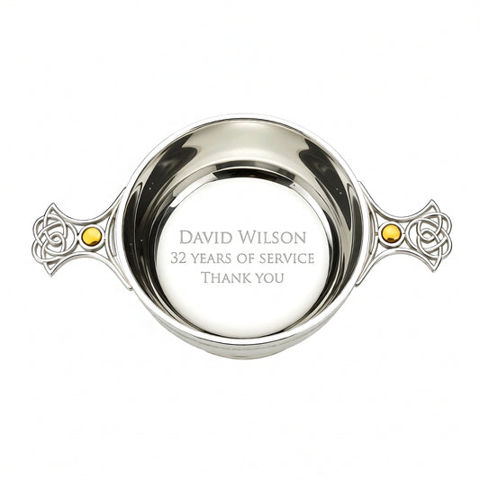 Example engraving (thank you): "David Wilson / 32 Years of Service / Thank You" inside the 5" Quaich Bowl Celtic Weave Handle Topaz