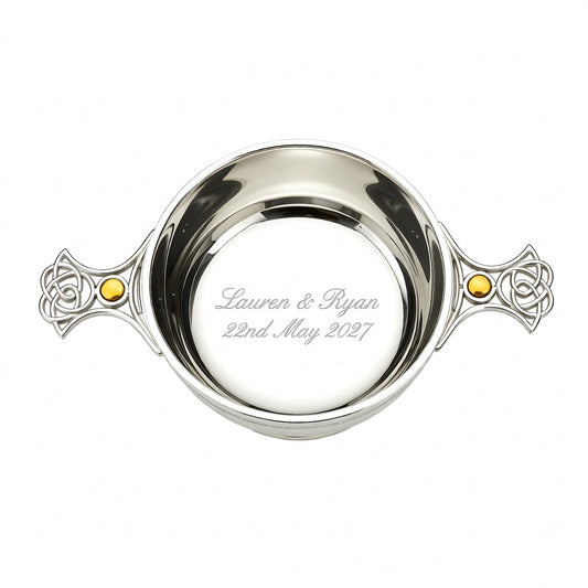 Example engraving (wedding): "Lauren & Ryan / 22nd May 2027" inside the 5" Quaich Bowl Celtic Weave Handle Topaz