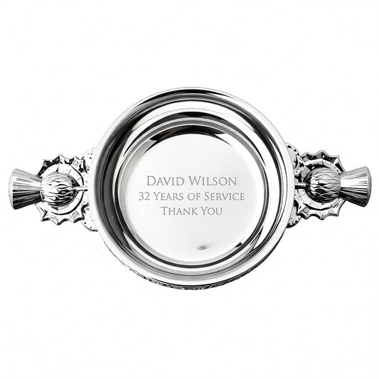 Example engraving (thank you): "David Wilson / 32 Years of Service / Thank You" inside the 5" Thistle Handle Pewter Quaich Bowl