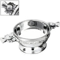 Pewter quaich with thistle handle and Celtic pattern, traditional Scottish drinking bowl.