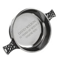 Example engraving (thank you): "David Wilson / 32 Years of Service / Thank You" inside the 6.5" Celtic Knot Handle Pewter Quaich Bowl