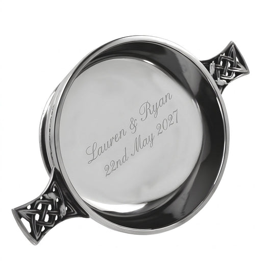 Example engraving (wedding): "Lauren & Ryan / 22nd May 2027" inside the 6.5" Celtic Knot Handle Pewter Quaich Bowl