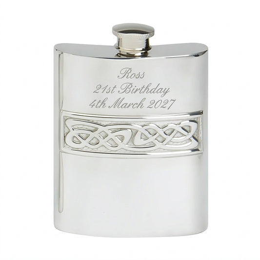 Example engraving (birthday): "Ross / 21st Birthday / 4th March 2027" on the 6oz Hip Flask Celtic Casting