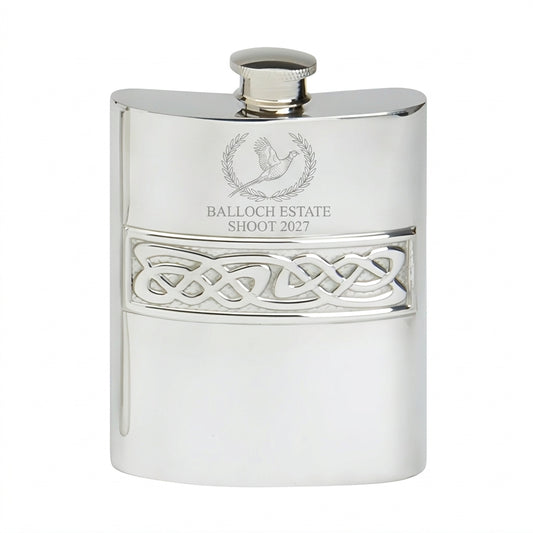 Example engraving (crest): "BALLOCH ESTATE / SHOOT 2027" on the 6oz Hip Flask Celtic Casting