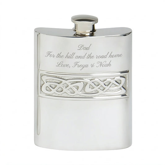 Example engraving (gift for dad): "Dad / For the hill and the road home / Love, Freya & Noah" on the 6oz Hip Flask Celtic Casting