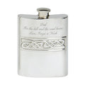 Example engraving (gift for dad): "Dad / For the hill and the road home / Love, Freya & Noah" on the 6oz Hip Flask Celtic Casting