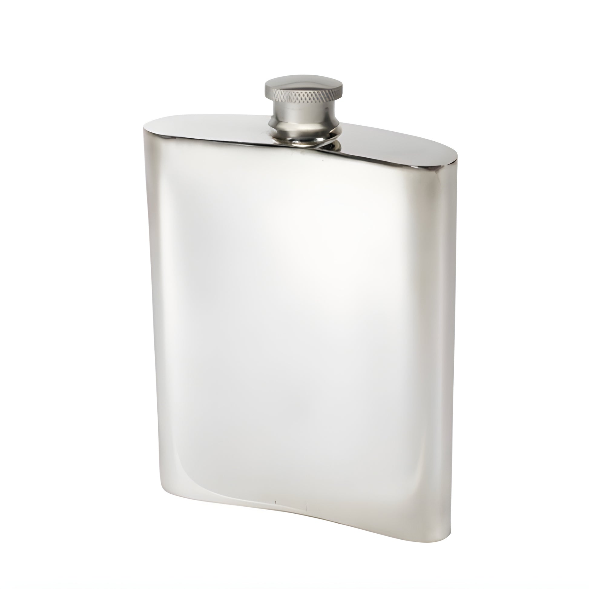 Polished stainless steel hip flask with screw cap, 6oz capacity.