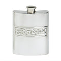 Silver hip flask with Celtic knot design on stainless steel body.