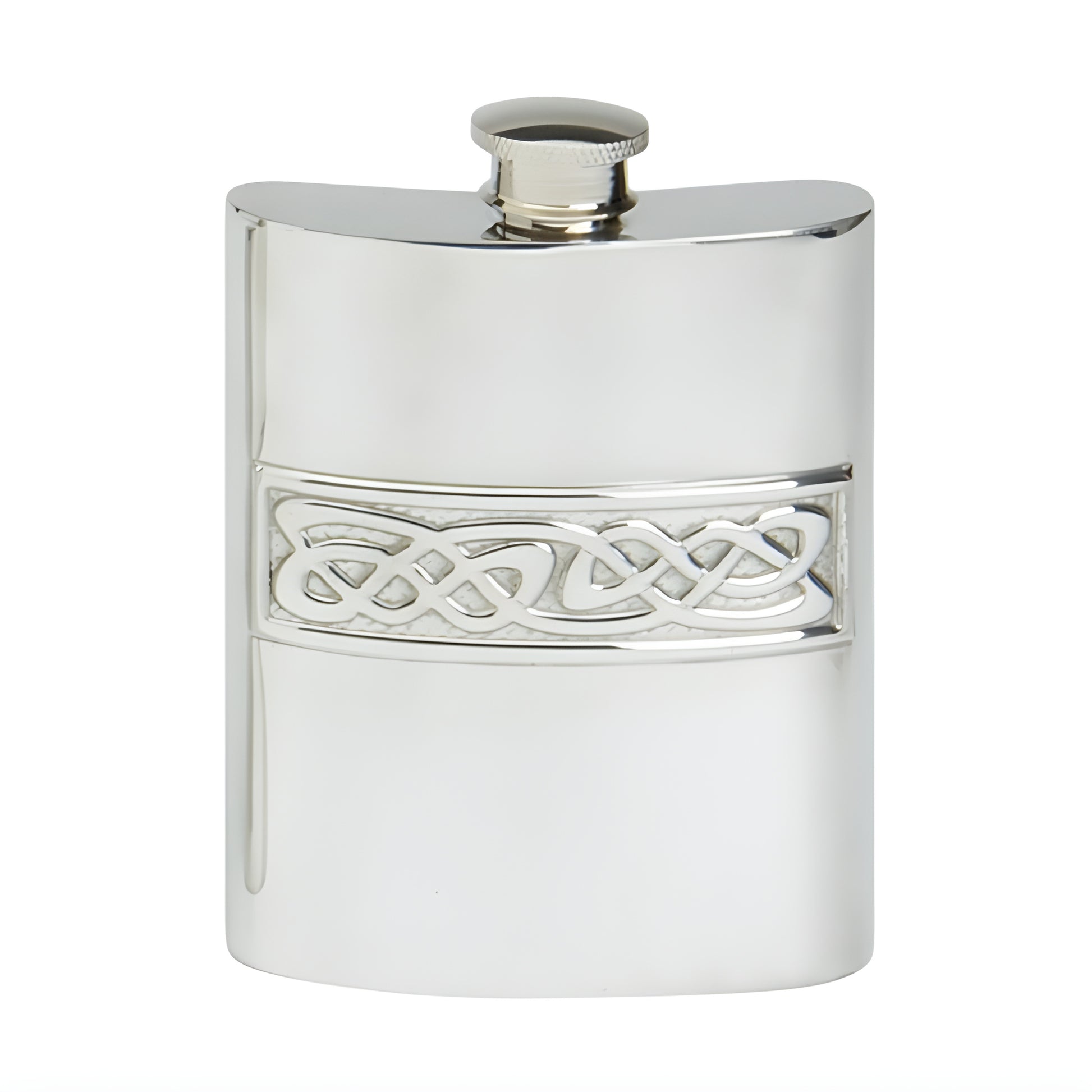 Silver hip flask with Celtic knot design on stainless steel body.
