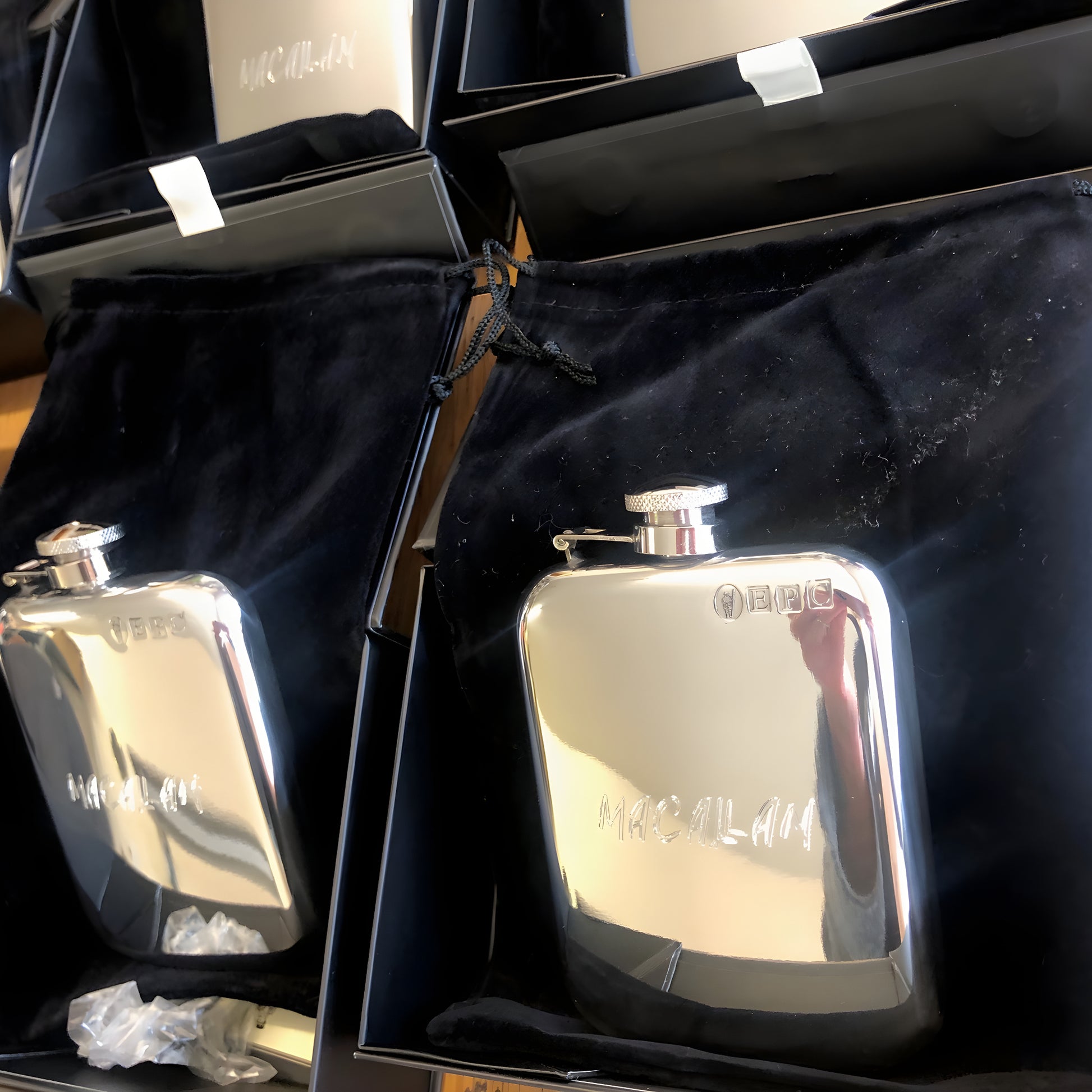 6oz Macallan engraved pewter hip flask in a black gift box set