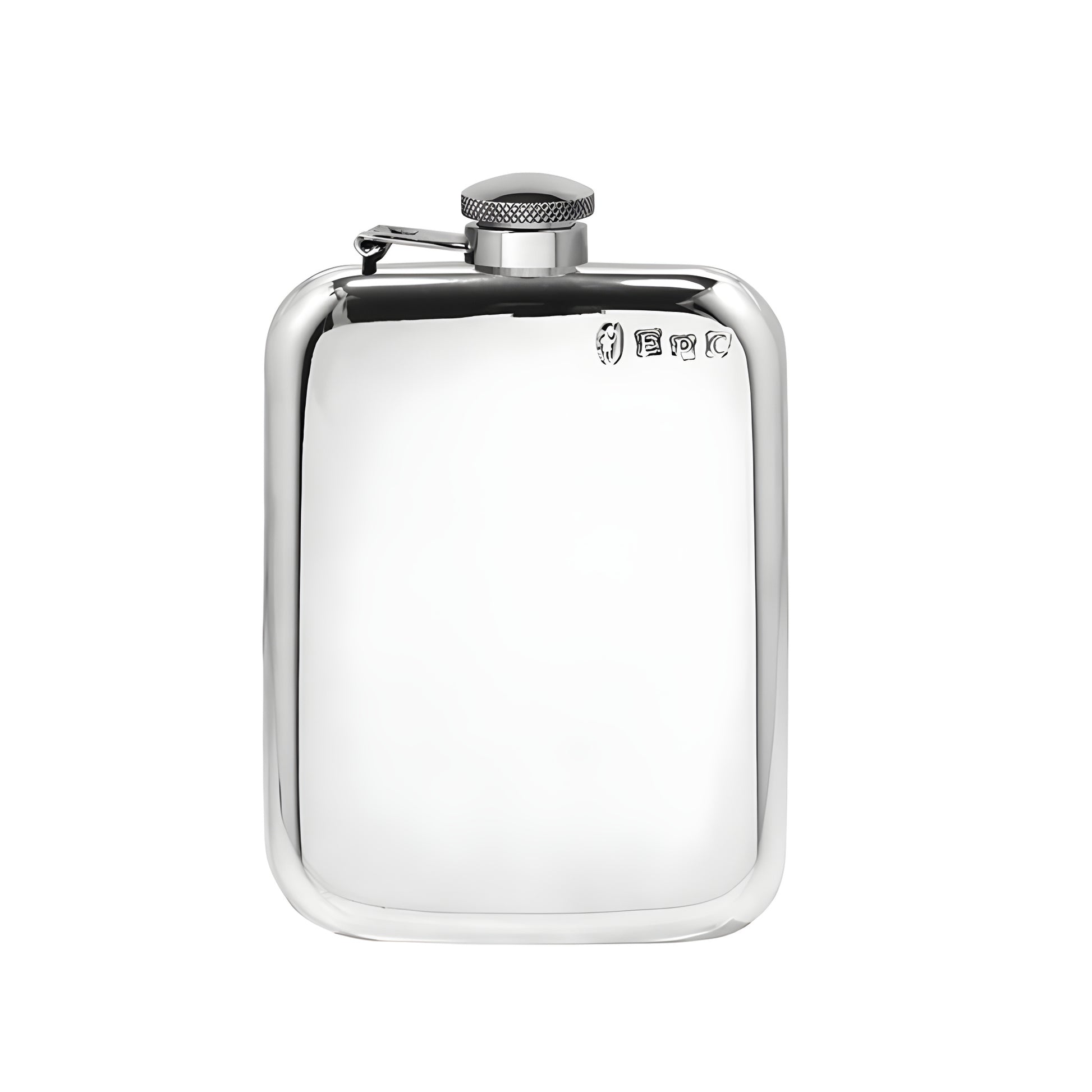 Polished 6oz pewter hip flask with screw cap closure.