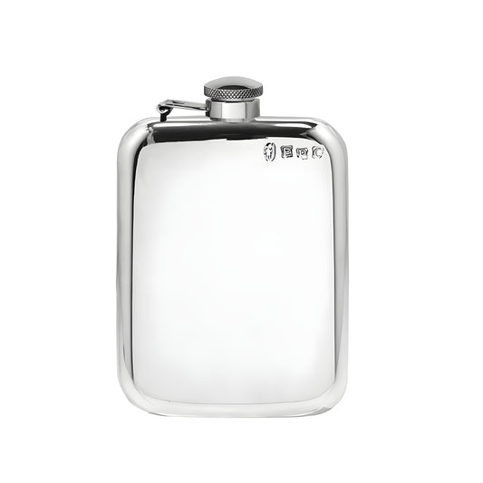 Polished 6oz pewter hip flask with screw cap closure.