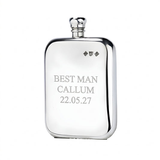 Example engraving (wedding party): "Best Man / Callum / 22.05.27" on the 8oz Pewter Victorian Pewter Hip Flask