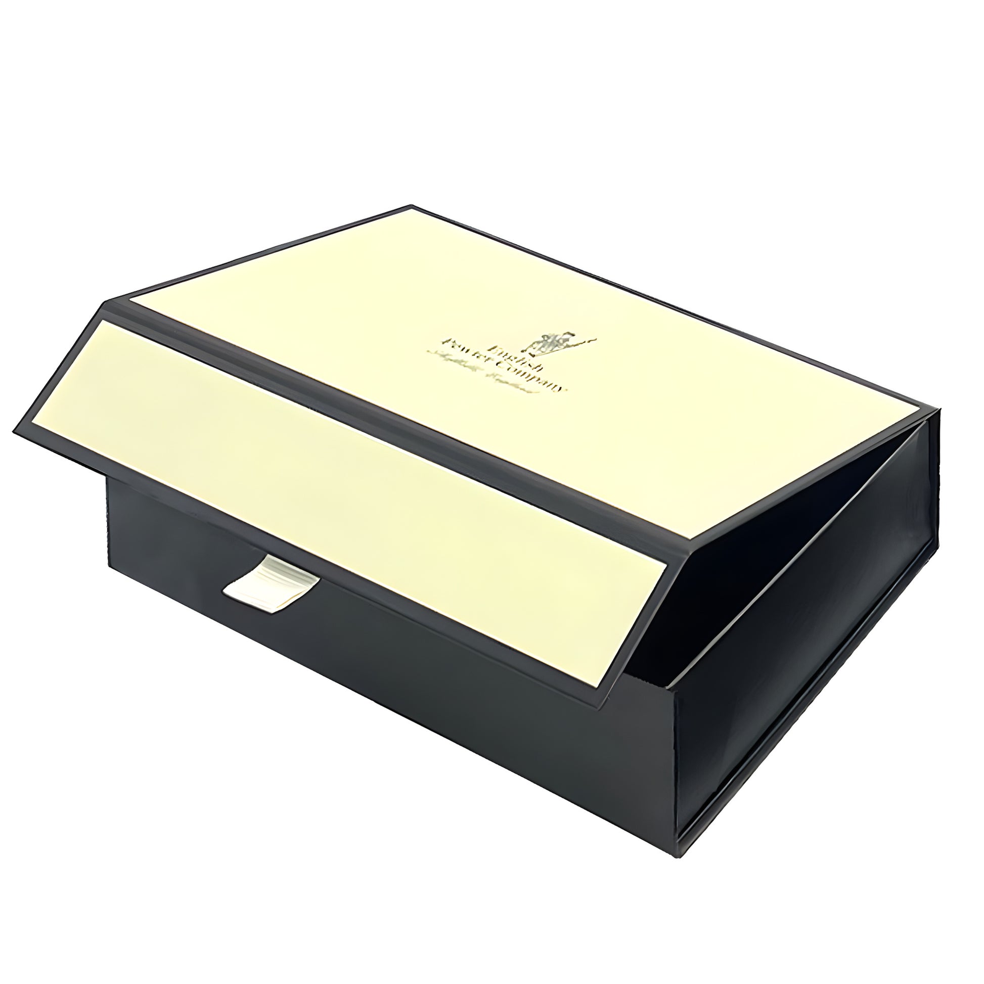 Black gift box with logo, showing lid partially open, for 8oz pewter hip flask.