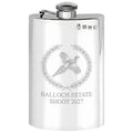 Example engraving (crest): "BALLOCH ESTATE / SHOOT 2027" on the 8oz Plain Pewter Hip Flask With Hinged Captive Top