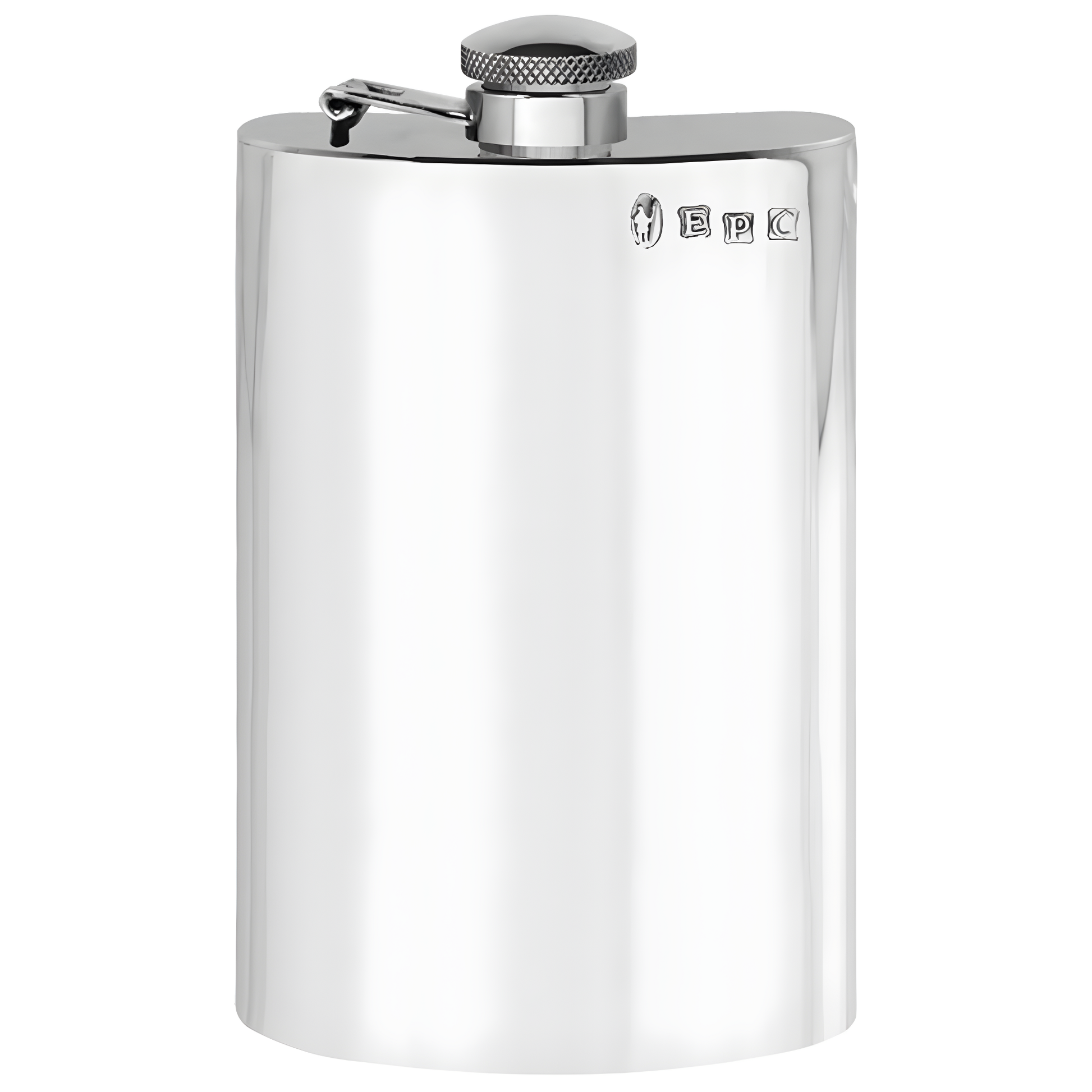 8 oz plain pewter hip flask with hinged captive top, silver finish, engravable surface.