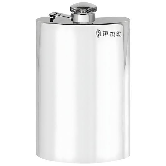 8 oz plain pewter hip flask with hinged captive top, silver finish, engravable surface.