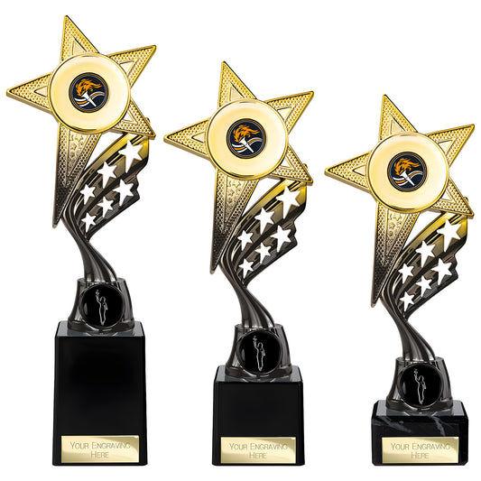 Three tennis star trophies with customizable engraving plates.