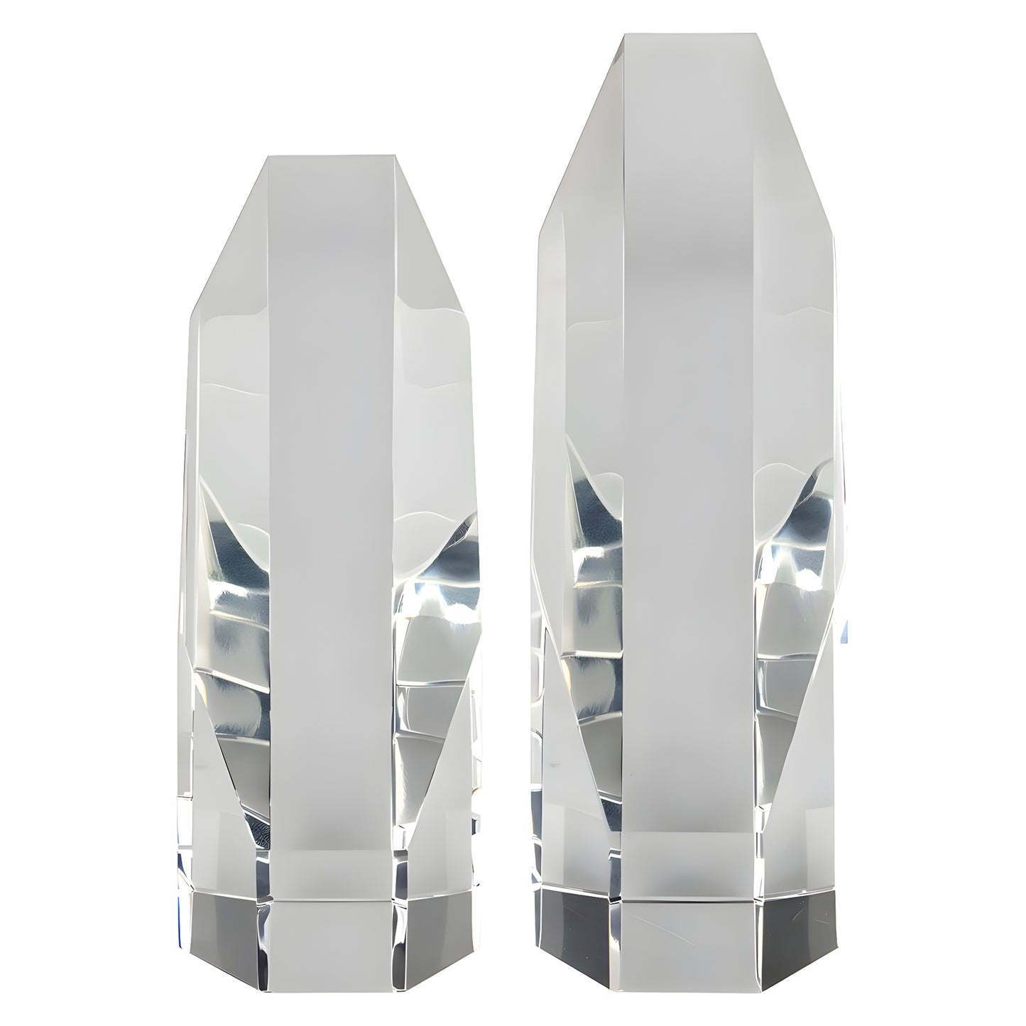 Two faceted clear crystal awards in different sizes on a white background.