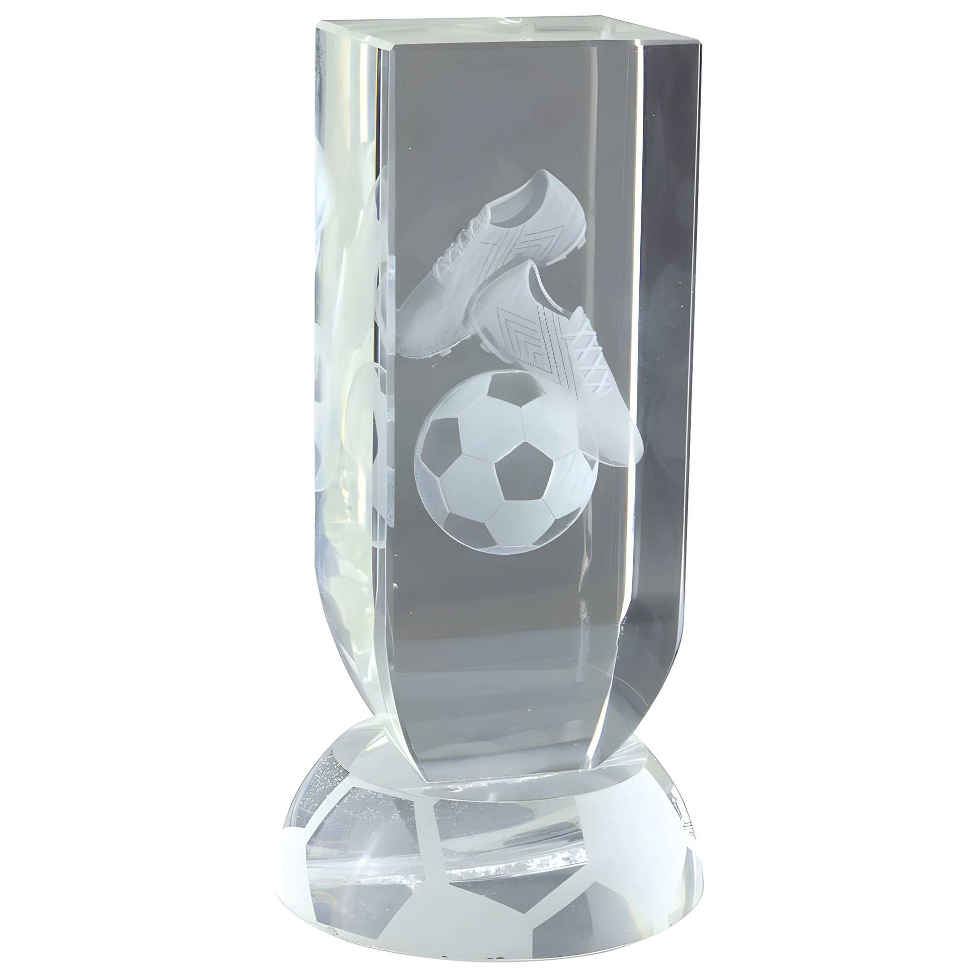 Engraved crystal football award with soccer shoes and ball design.